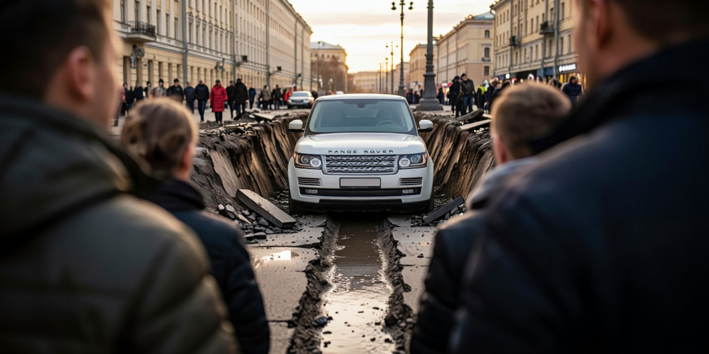 Провал асфальта на Ленинском проспекте в Санкт-Петербурге . Иллюстрация MediaMatrix